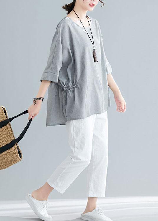 Grey Cinched Cotton Blouse Tops Summer