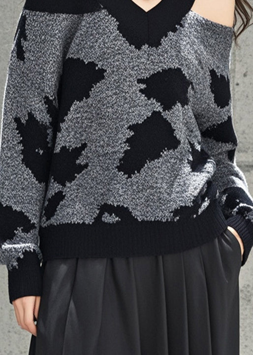 Grey Cold Shoulder Jacquard Knitted Tops Fall