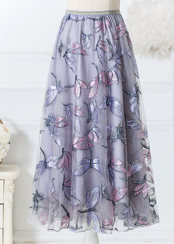 Grey Embroidered Butterfly Wrinkled Tulle Skirts Spring