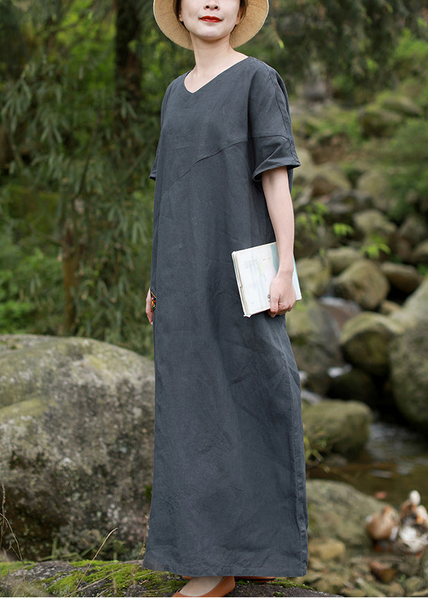 Grey Embroideried V Neck Patchwork Linen Dress Short Sleeve