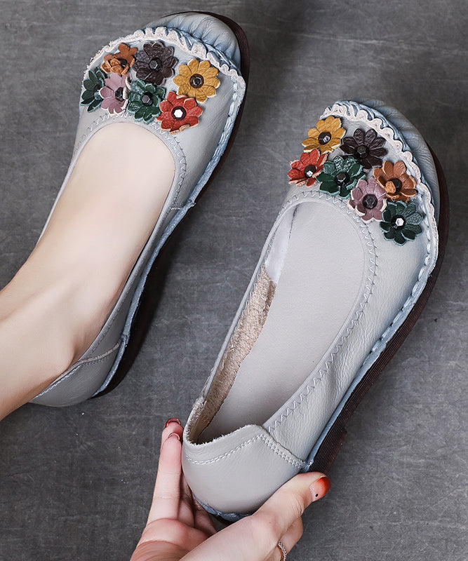 Grey Faux Leather Flower Splicing Flats Shoes