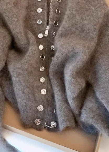 Grey High Neck Zip Up Woolen Knit Cardigans Spring