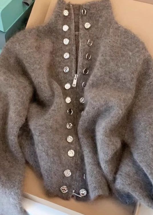 Grey High Neck Zip Up Woolen Knit Cardigans Spring