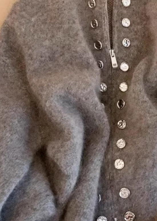 Grey High Neck Zip Up Woolen Knit Cardigans Spring