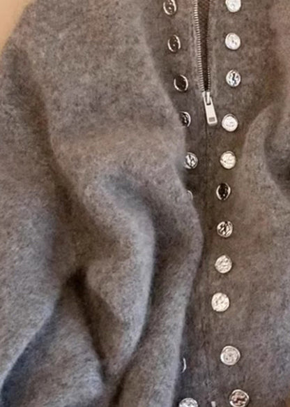 Grey High Neck Zip Up Woolen Knit Cardigans Spring