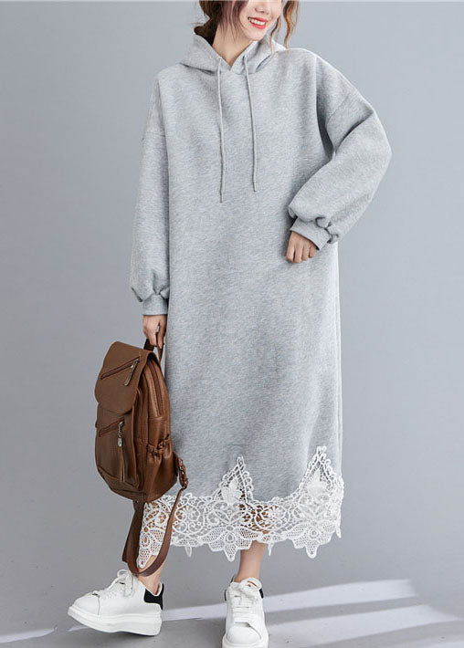 Grey Hooded Patchwork Loose Sweatshirts Dress Winter