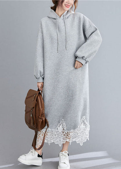 Grey Hooded Patchwork Loose Sweatshirts Dress Winter