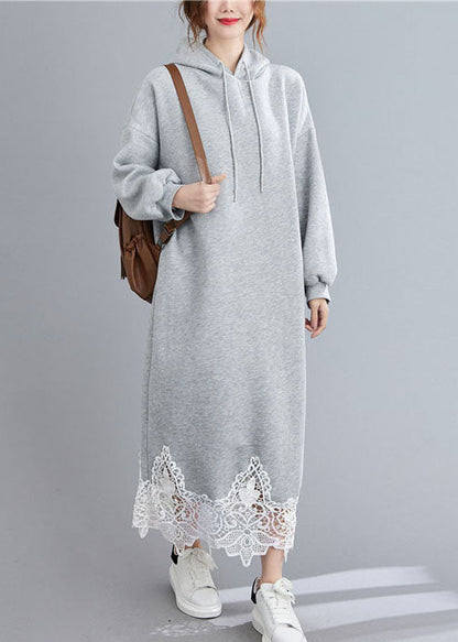 Grey Hooded Patchwork Loose Sweatshirts Dress Winter