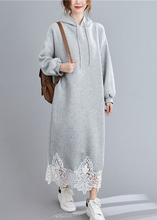 Grey Hooded Patchwork Loose Sweatshirts Dress Winter
