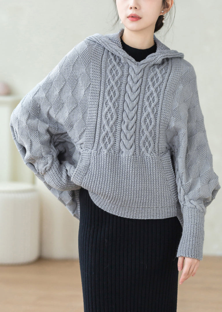 Grey Hooded Pockets Patchwork Knitted Cotton Thread Tops Fall