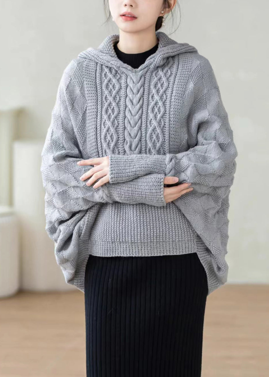 Grey Hooded Pockets Patchwork Knitted Cotton Thread Tops Fall