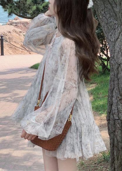 Grey Lace Up Print Tulle Mid Dress Long Sleeve