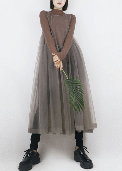 Grey O-neck Asymmetrical Design Tulle Long Dress Sleeveless