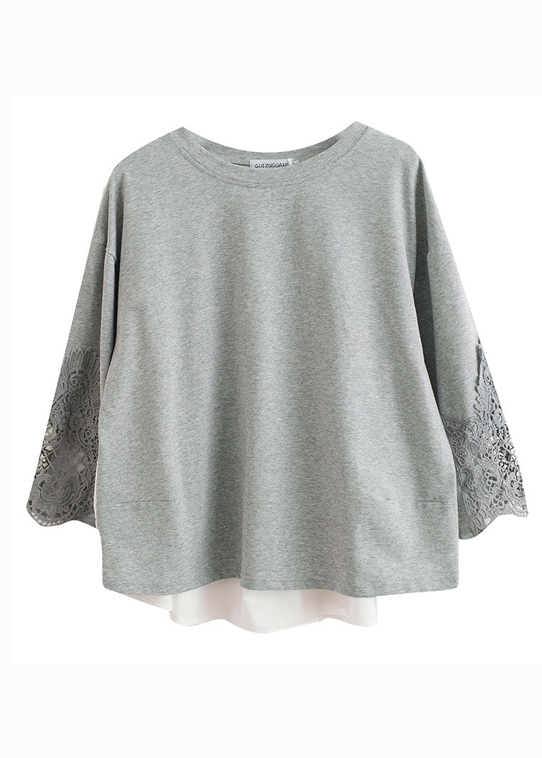 Grey O Neck Hollow Out Embroideried Patchwork Cotton T Shirt Top Summer