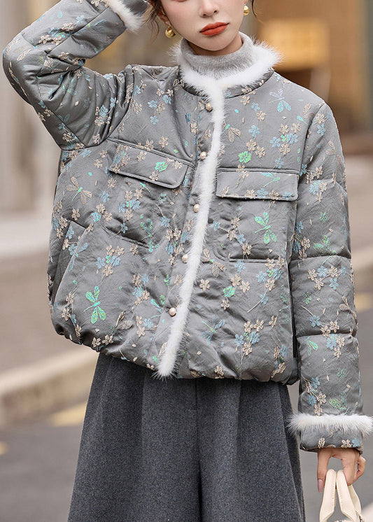 Grey O Neck Jacquard Duck Down Winter Coats