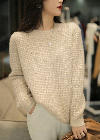 Grey O Neck Nail Bead Woolen Knit Sweaters Winter