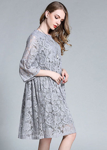 Grey O-neck Patchwork Lace Maxi Dresses Bracelet Sleeve