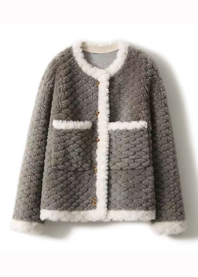 Grey O Neck Pockets Patchwork Wool Coat Winter