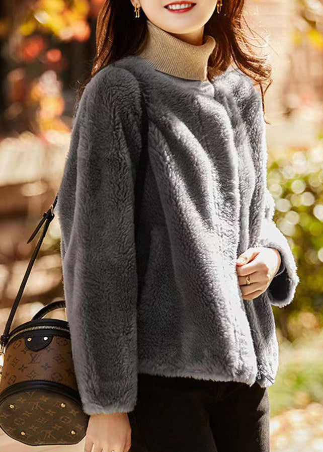 Grey O Neck Pockets Patchwork Wool Jackets Winter