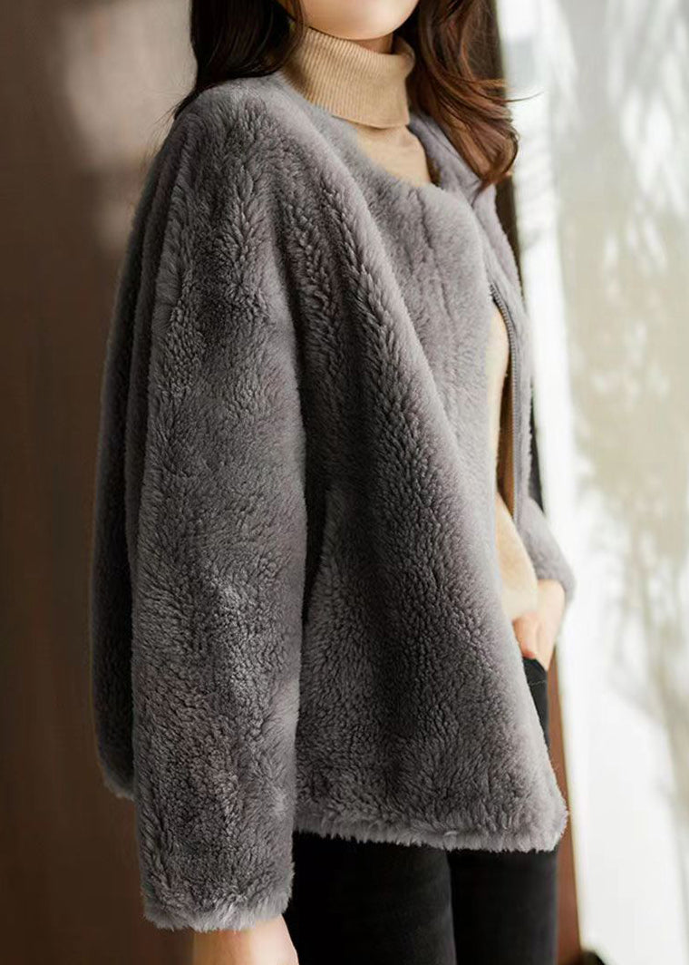 Grey O Neck Pockets Patchwork Wool Jackets Winter