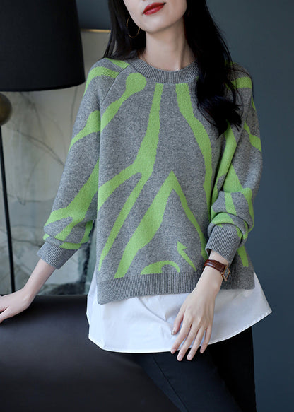 Grey O-neck Thick Striped Patchwork Fake Two Pieces Knit Sweaters Fall