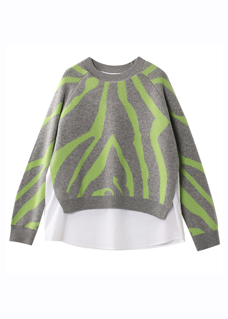 Grey O-neck Thick Striped Patchwork Fake Two Pieces Knit Sweaters Fall