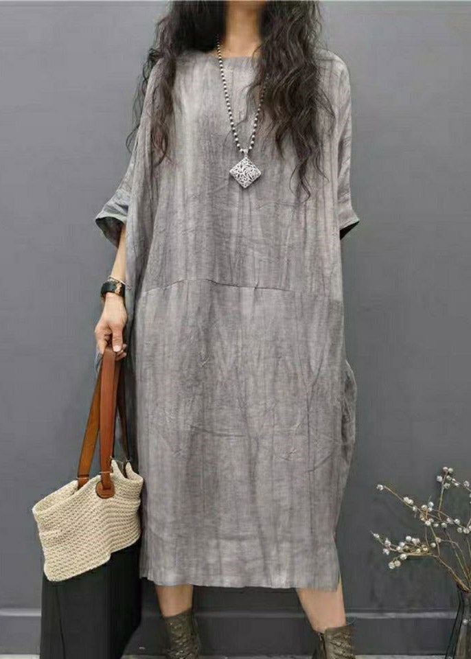 Green Text O-neck Wrinkled Side Open Linen Long Dress Batwing Sleeve