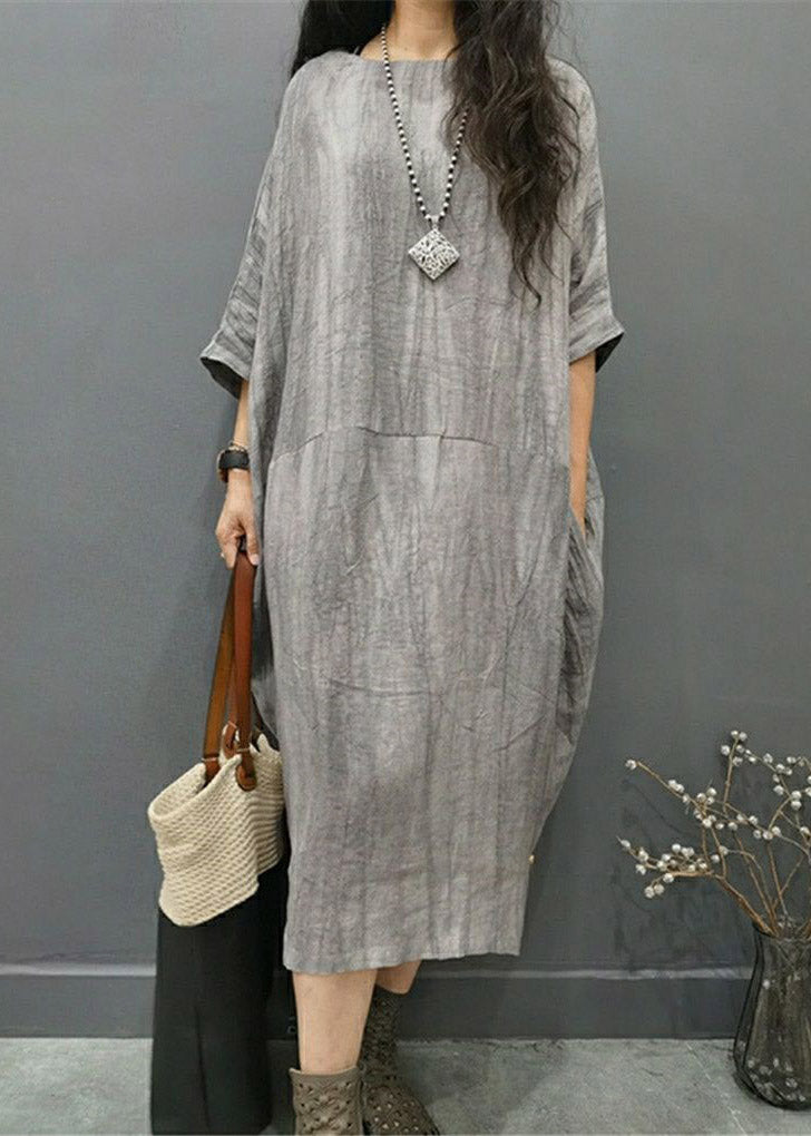 Green Text O-neck Wrinkled Side Open Linen Long Dress Batwing Sleeve
