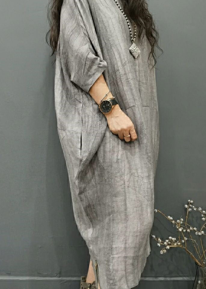 Gray Geometry O-neck Wrinkled Side Open Linen Long Dress Batwing Sleeve