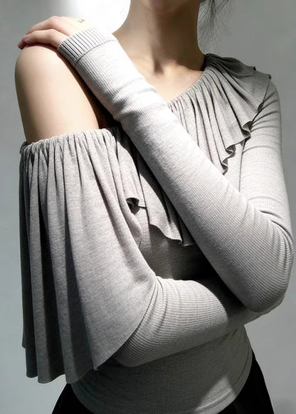 Beautiful Grey One Shoulder Ruffles Cotton Tops Spring