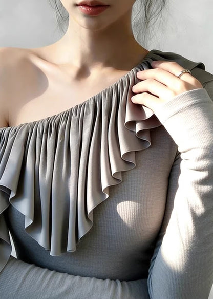 Beautiful Grey One Shoulder Ruffles Cotton Tops Spring