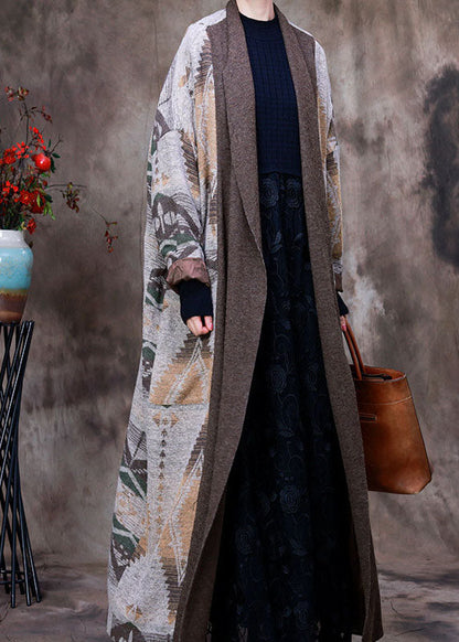 Grey Patchwork Print Knit Woolen Coats Winter