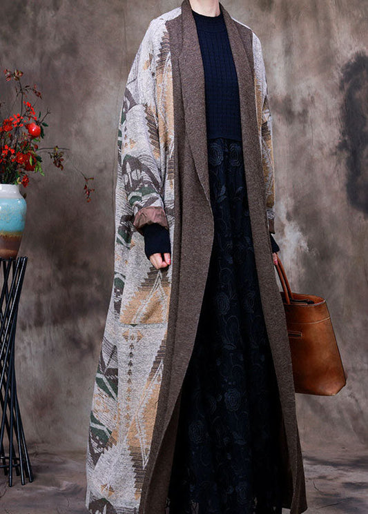 Grey Patchwork Print Knit Woolen Coats Winter