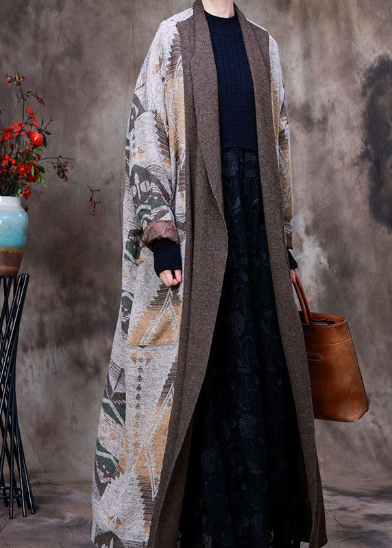 Grey Patchwork Print Knit Woolen Coats Winter