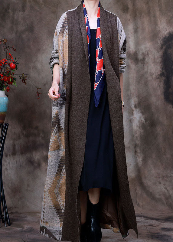 Grey Patchwork Print Knit Woolen Coats Winter