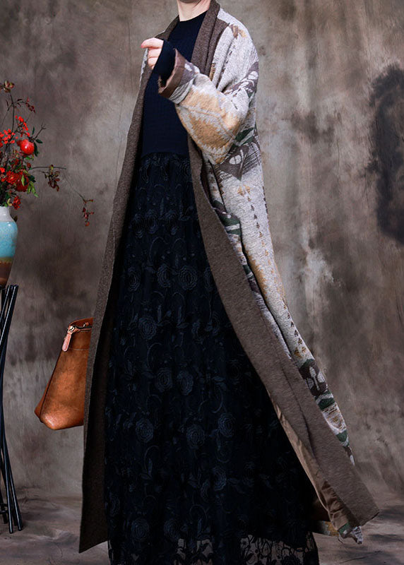 Grey Patchwork Print Knit Woolen Coats Winter