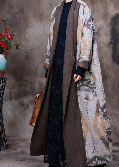 Grey Patchwork Print Knit Woolen Coats Winter