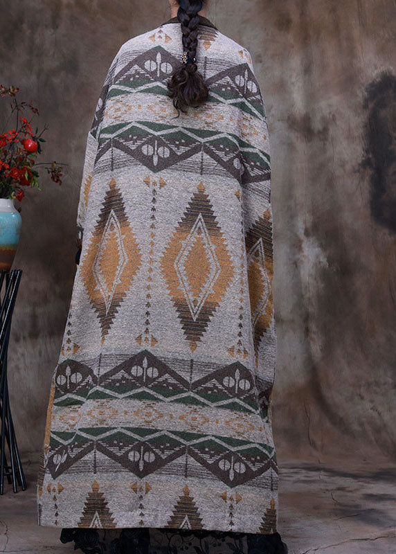 Grey Patchwork Print Knit Woolen Coats Winter