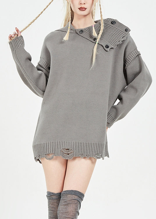 Grey Peter Pan Collar Asymmetrical Cozy Button Thick Knit Sweater Fall