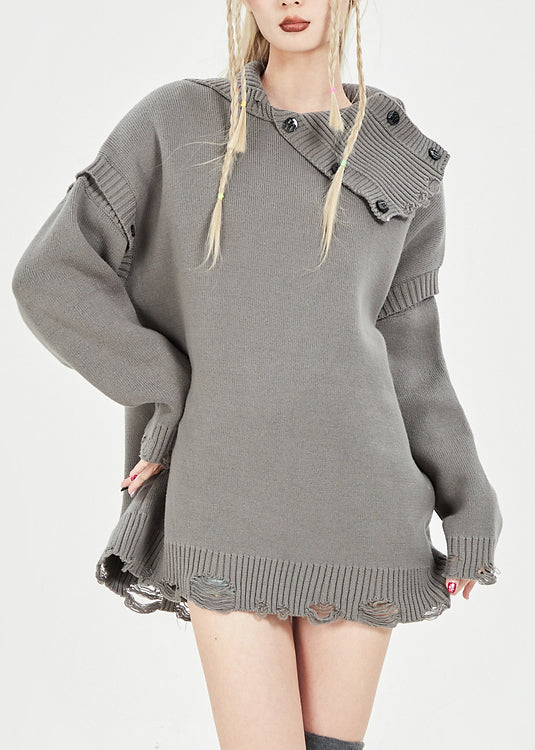 Grey Peter Pan Collar Asymmetrical Cozy Button Thick Knit Sweater Fall