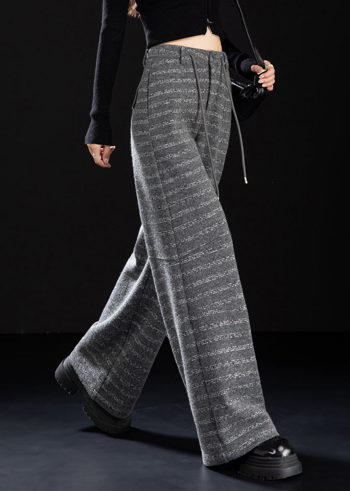 Grey Pockets Striped Woolen Wide Leg Pants Winter