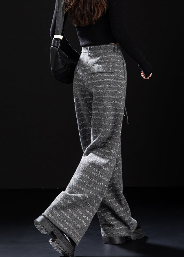 Grey Pockets Striped Woolen Wide Leg Pants Winter