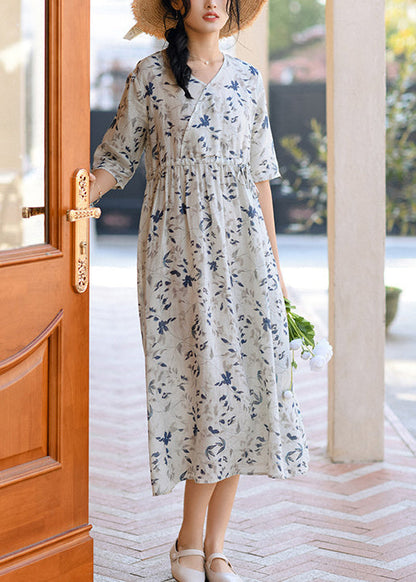 Grey Print Patchwork Linen Long Dresses Summer
