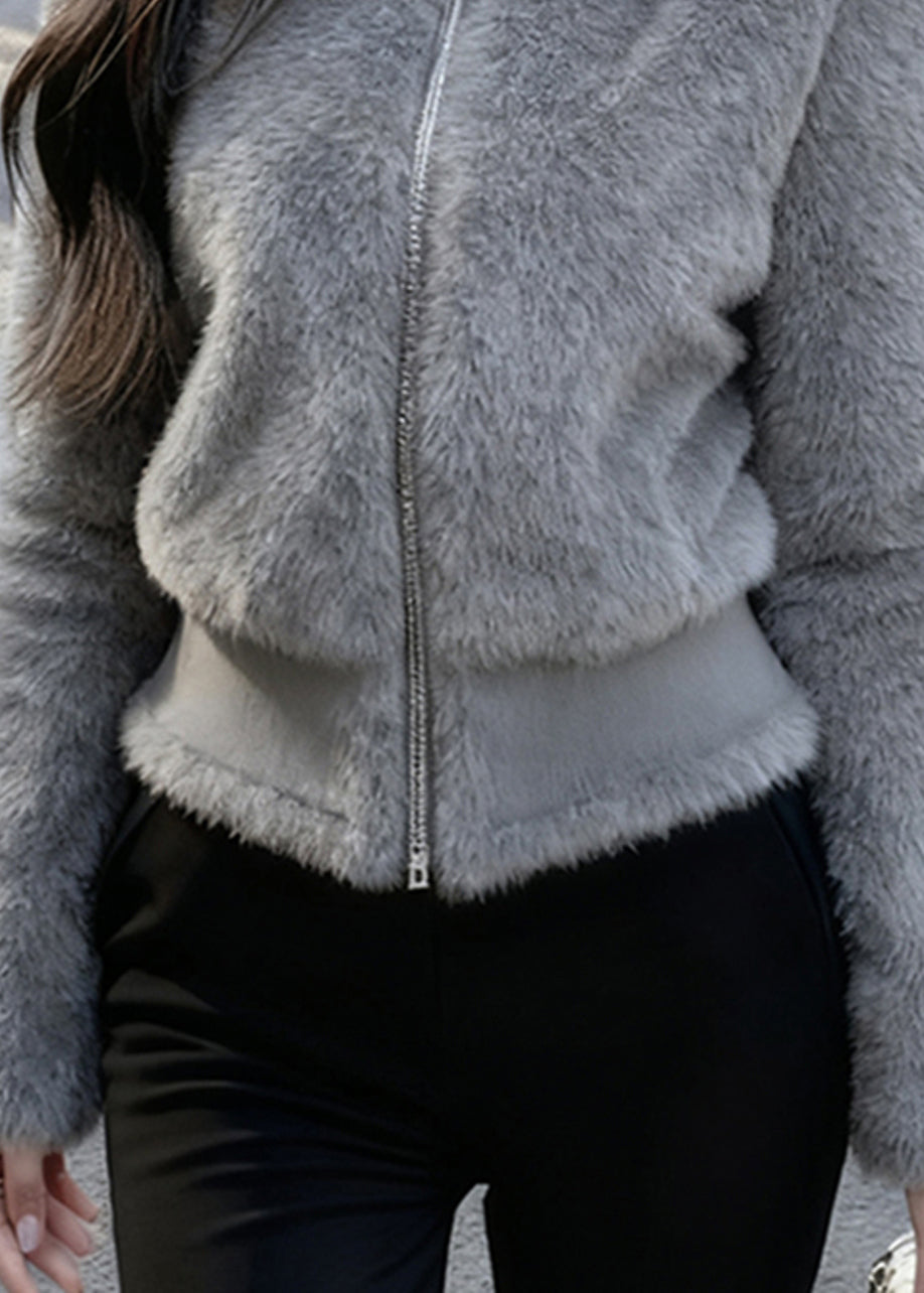 Grey Stand Collar Zippered Mink Hair Coats Winter