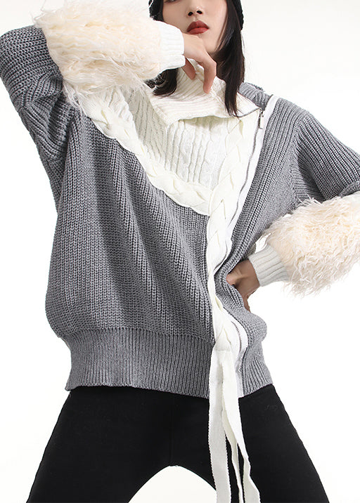 Grey Zip Up Patchwork Knit Pullover Spring