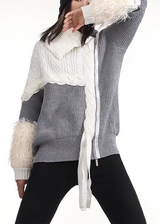Grey Zip Up Patchwork Knit Pullover Spring