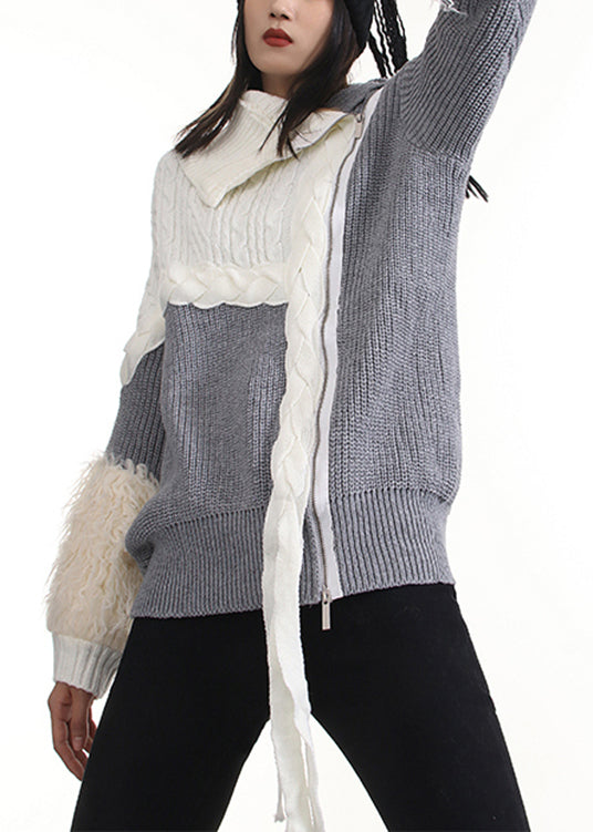 Grey Zip Up Patchwork Knit Pullover Spring