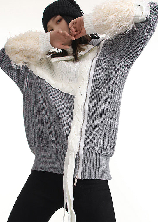Grey Zip Up Patchwork Knit Pullover Spring