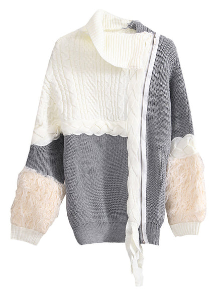 Grey Zip Up Patchwork Knit Pullover Spring