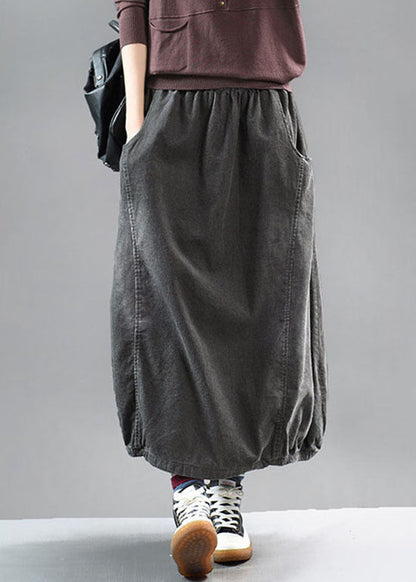 Grey Black Wrinkled Patchwork Corduroy Skirts Spring